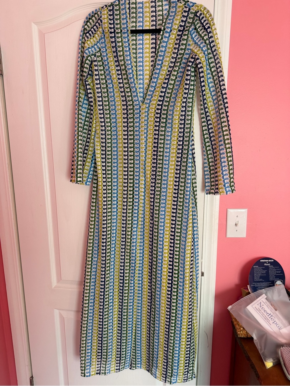 Striped Knit V-Neck Long Sleeve Maxi Dress in Blue/Green